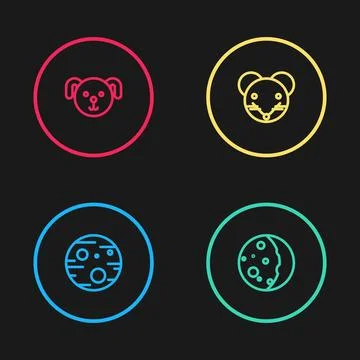 Set line Planet Mars, Eclipse of the sun, Rat zodiac and Dog icon. Vector Stock Illustration