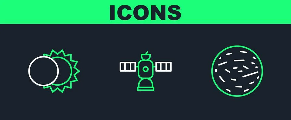 Set line Planet Mars, Eclipse of the sun and Satellite icon. Vector Stock Illustration