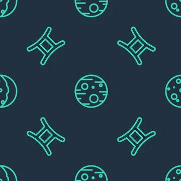 Set line Planet Mars, Gemini zodiac and Eclipse of the sun on seamless pattern 스톡 일러스트