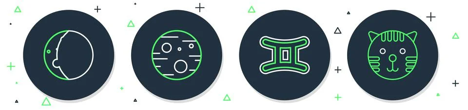 Set line Planet Mars, Gemini zodiac, Eclipse of the sun and Tiger icon. Vector 스톡 일러스트