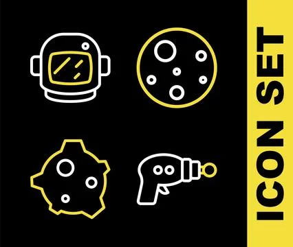 Set line Planet Mars, Ray gun, Asteroid and Astronaut helmet icon. Vector Stock Illustration