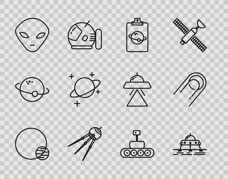 Set line Planet, Mars rover, Satellite, Alien, and icon. Vector Stock Illustration
