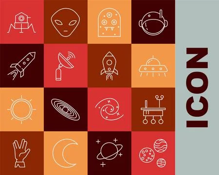 Set line Planet, Mars rover, UFO flying spaceship, Alien, Radar, Rocket wit.. Stock Illustration