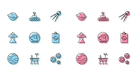 Set line Planet, Mars rover, Dog in astronaut helmet, UFO flying spaceship .. Stock Illustration