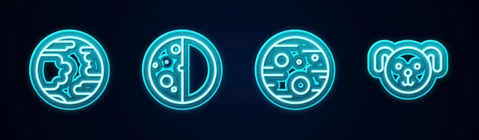 Set line Planet Mercury, Eclipse of the sun, Mars and Dog zodiac. Glowing neon Stock Illustration