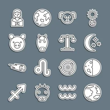 Set line Planet Mercury, Eclipse of the sun, Moon and stars, Dog zodiac, Horse Ilustração Stock
