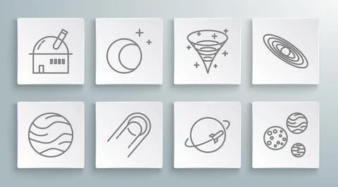 Set line Planet, Moon and stars, Satellite, Black hole, and Astronomical Ilustração Stock