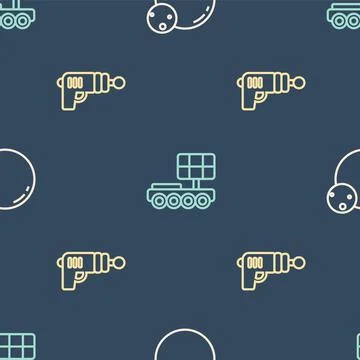 Set line Planet, Ray gun and Mars rover on seamless pattern. Vector Illustrazione stock