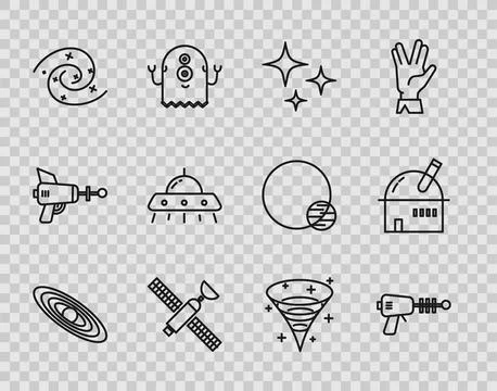 Set line Planet, Ray gun, Falling star, Satellite, Black hole, UFO flying spa Illustrazione stock