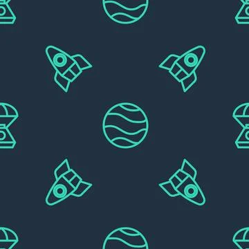 Set line Planet, Rocket ship and Space capsule on seamless pattern. Vector イラスト素材
