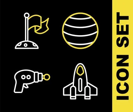 Set line Planet, Rocket ship, Ray gun and Moon with flag icon. Vector Ilustração Stock