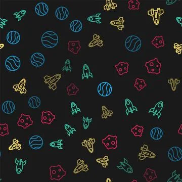 Set line Planet, Rocket ship,  and Asteroid on seamless pattern. Vector イラスト素材