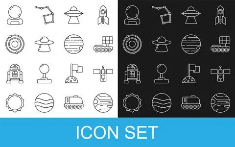 Set line Planet, Satellite, Mars rover, UFO flying spaceship, Solar system,.. Stock Illustration
