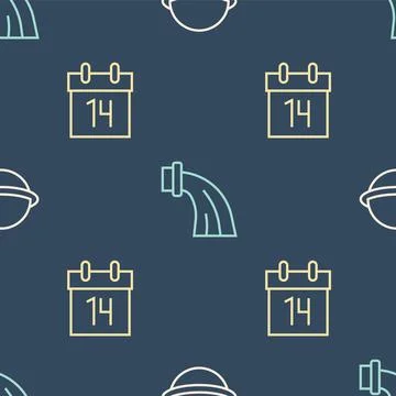 Set line Planet Saturn, Calendar and Aquarius zodiac on seamless pattern. Vector Stock Illustration