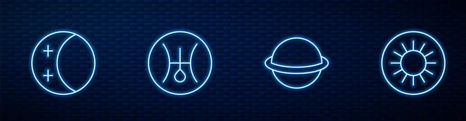 Set line Planet Saturn, Eclipse of the sun, Symbol Uranus and Sun. Glowing .. 스톡 일러스트