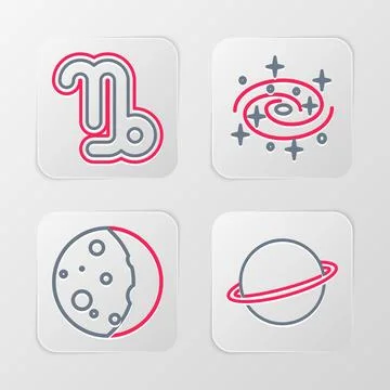 Set line Planet Saturn, Eclipse of the sun, Milky way spiral galaxy and Cap.. Stockillustratie