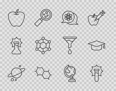 Set line Planet Saturn, Explosion in the flask, Atom, Chemical formula, Apple Stock Illustration