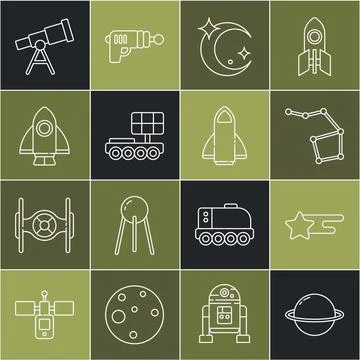 Set line Planet Saturn, Falling star, Great Bear constellation, Moon and stars Ilustração Stock