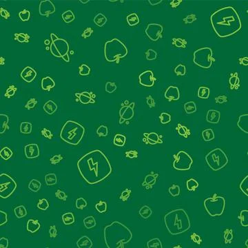 Set line Planet Saturn, Lightning bolt and Apple on seamless pattern. Vector Stock Illustration