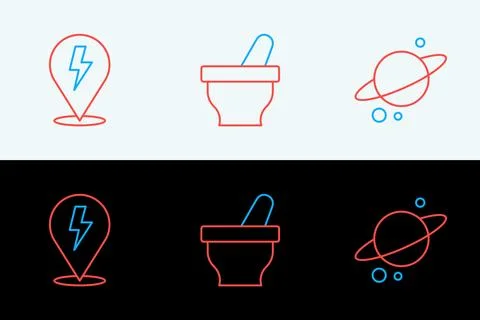 Set line Planet Saturn, Lightning bolt and Mortar and pestle icon. Vector Stock Illustration