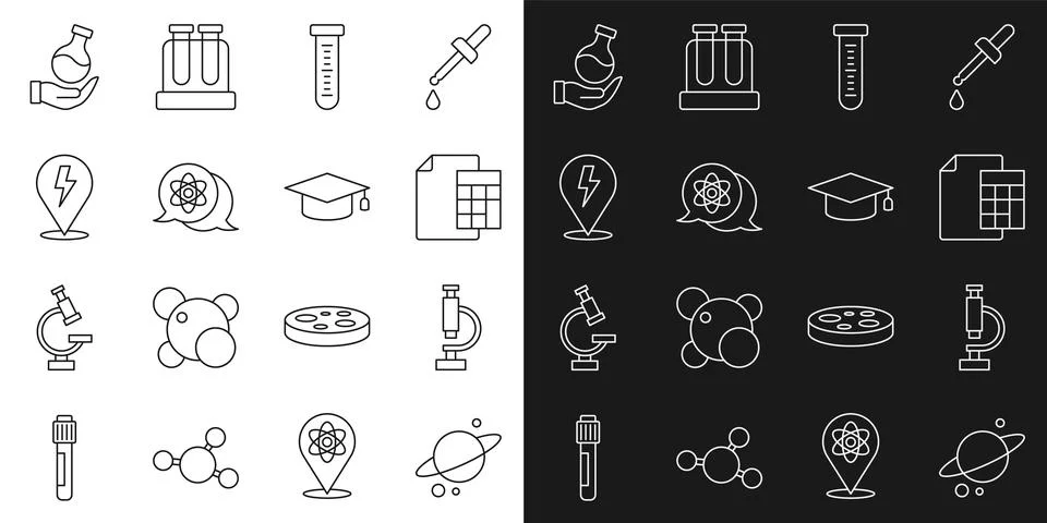 Set line Planet Saturn, Microscope, Calculator, Test tube, Atom, Lightning bolt Illustrazione stock