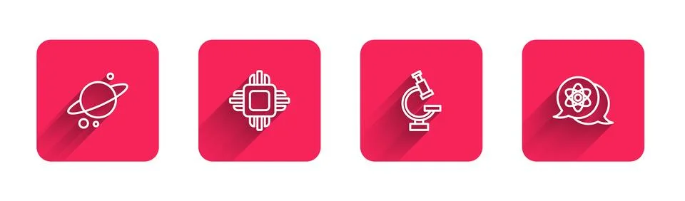 Set line Planet Saturn, Processor CPU, Microscope and Atom with long shadow. Red 库存插图