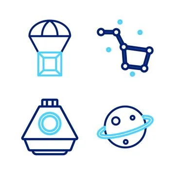 Set line Planet Saturn, Space capsule, Great Bear constellation and Box fly.. Stock Illustration