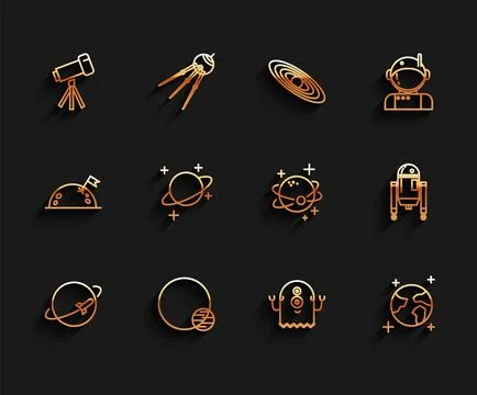 Set line Planet, Telescope, Alien, Earth globe, Robot and  icon. Vector Stock Illustration