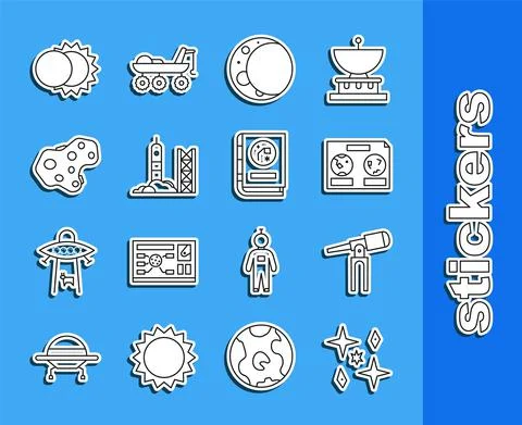 Set line Planet, Telescope, Celestial map of the night sky, Moon, Rocket launch Ilustração Stock