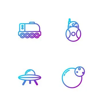 Set line Planet, UFO flying spaceship, Mars rover and Robot. Gradient color Illustrazione stock
