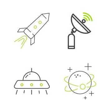 Set line Planet, UFO flying spaceship, Radar and Rocket with fire icon. Vecto Stock Illustration