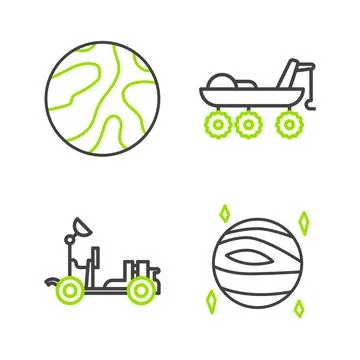 Set line Planet Venus, Mars rover,  and Falling stars icon. Vector Stock Illustration