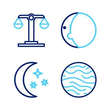 Set line Planet Venus, Moon and stars, Eclipse of the sun and Libra zodiac .. Ilustração Stock