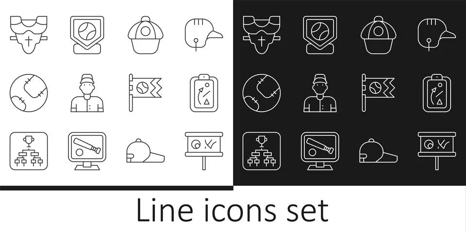 Set line Planning strategy, Baseball cap, player, Player chest protector, F.. Stock Illustration