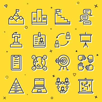 Set line Planning strategy concept, Project team base, Chalkboard, Stair with Illustrazione stock