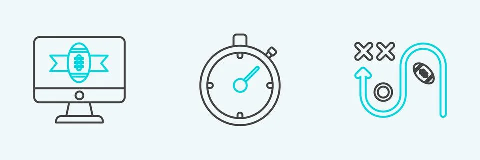 Set line Planning strategy concept, American football tv program and Stopwatch Illustrazione stock