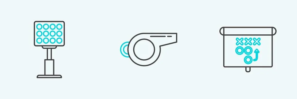 Set line Planning strategy concept, Bright stadium lights and Whistle icon... Stock Illustration