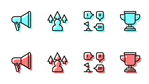 Set line Planning strategy, Megaphone, Front end development and Award cup icon Illustrazione stock