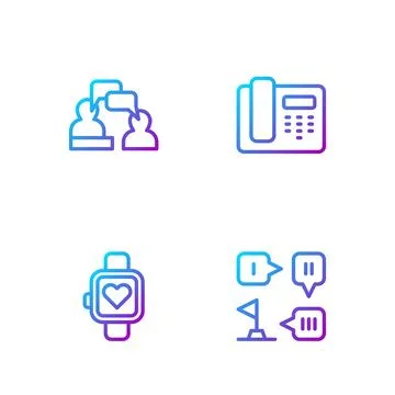Set line Planning strategy, Smart watch, Two sitting men talking and Teleph.. Stock Illustration