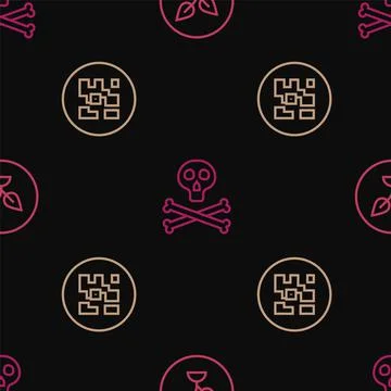 Set line Plant based, QR code and Bones and skull warning on seamless pattern Illustrazione stock