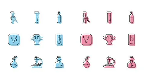 Set line Plant breeding, Microscope, Test tube and flask, Laboratory assistant Illustrazione stock