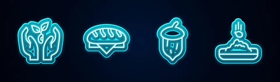 Set line Plant in hand, Bread loaf, Acorn, oak nut, seed and Seed. Glowing neon Stock Illustration