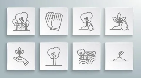 Set line Plant in hand of environmental protection, Garden gloves, Tree, Fa.. Stock Illustration