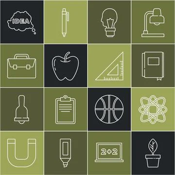 Set line Plant in pot, Atom, Book, Light bulb with concept of idea, Apple, .. Stock Illustration