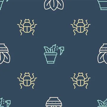 Set line Plant in pot, Beetle bug and Spraying plant on seamless pattern. Vector Stock Illustration