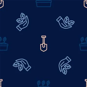 Set line Plant in pot, Leaf hand and Shovel on seamless pattern. Vector Stock-Illustration