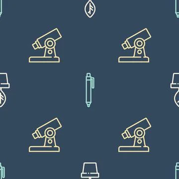 Set line Plant in pot, Microscope and Pen on seamless pattern. Vector Stock Illustration