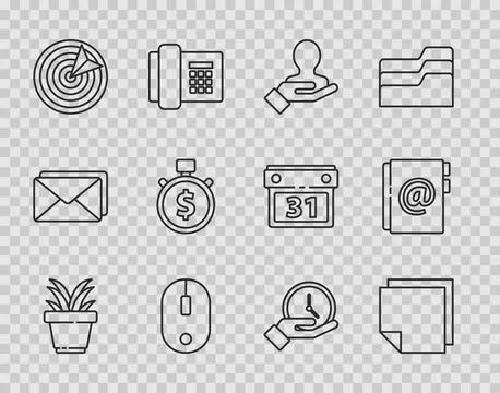 Set line Plant in pot, Post note stickers, Hand for search people, Computer Stock Illustration