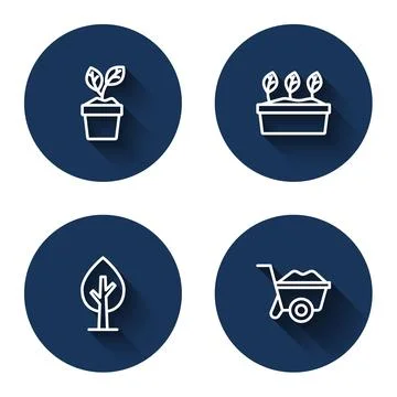 Set line Plant in pot, Tree and Wheelbarrow with long shadow. Blue circle b.. Stock Illustration