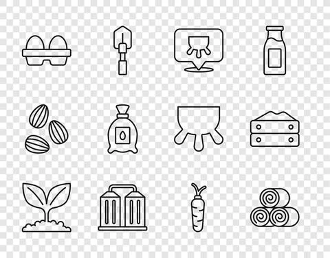 Set line Plant, Roll of hay, Udder, Granary, Chicken egg in box, Pack full seeds Stock Illustration